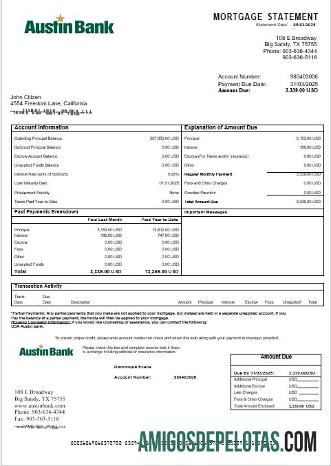 Extrato de hipoteca do USA Austin Bank em formatos Word e PDF exemplo real